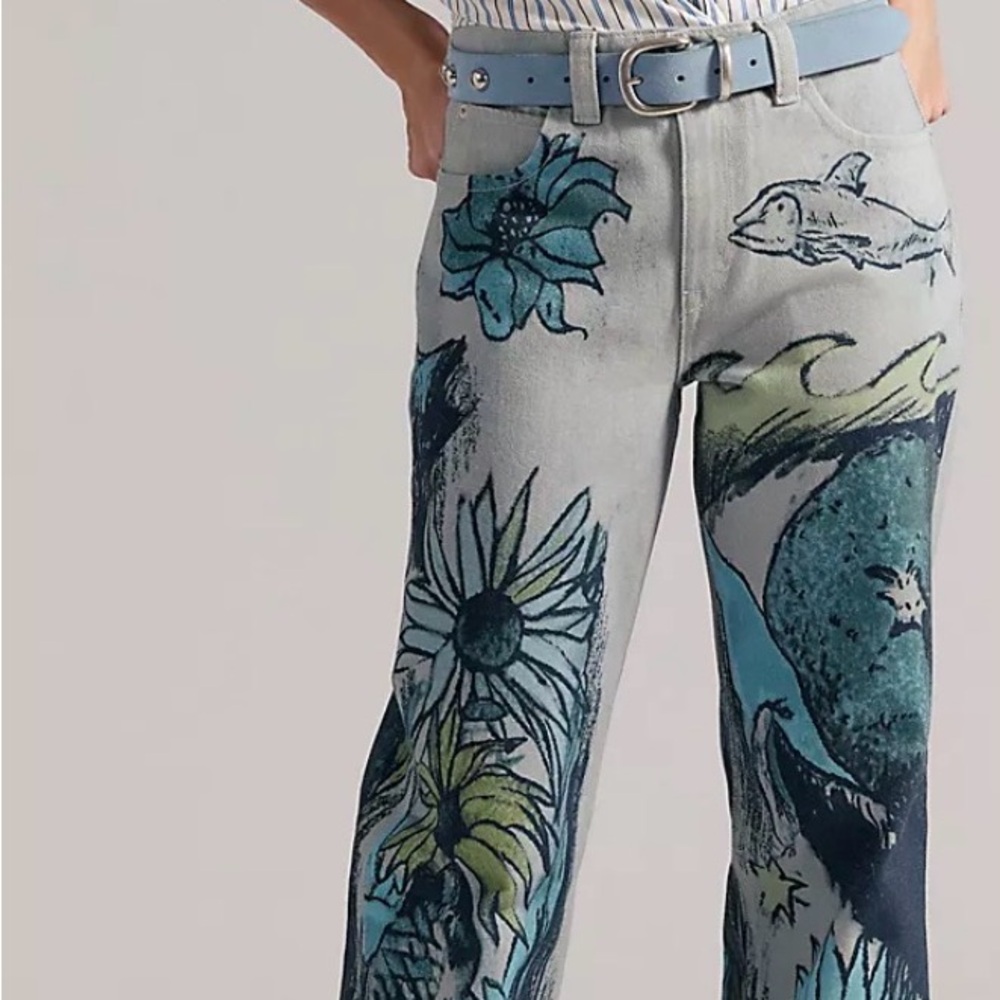 Free People Light Blue Floral & Ocean-Print Straight Jeans
